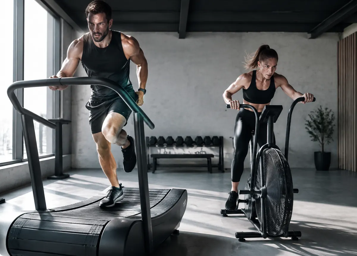 Två personer som kör intensiv konditionsträning i gymmet